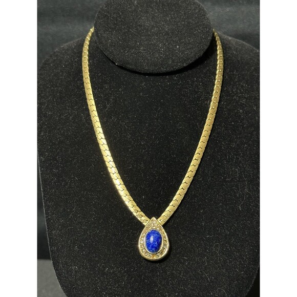 Vintage Christian Dior Gold Tone Teardrop Necklace Blue...